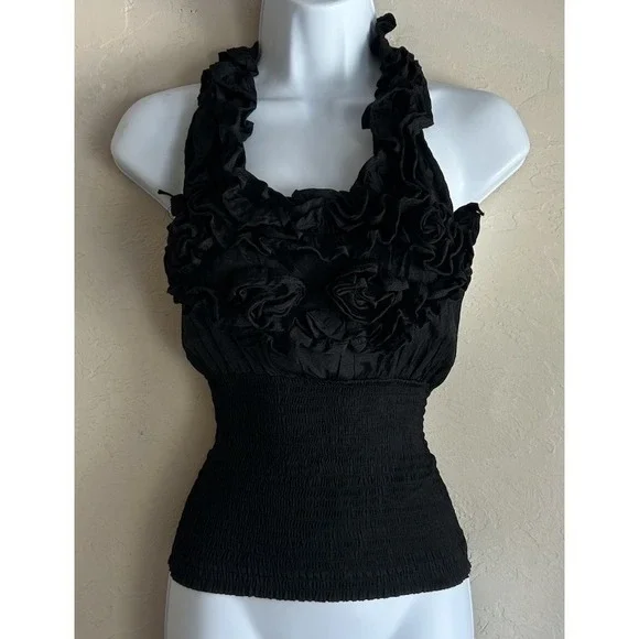 Vintage Y2K Poetry Ruffle Halter Smocked Tank Top L Black Grunge Gothic READ - Picture 1 of 11